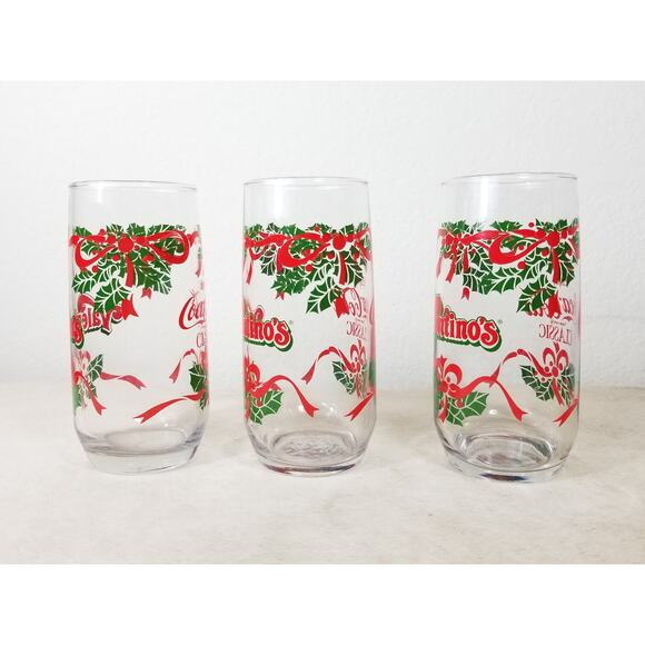 Coca Cola Classic Christmas Drinking Glass 16oz Valentino's Pizza 7" Vintage x3 - Picture 9 of 12
